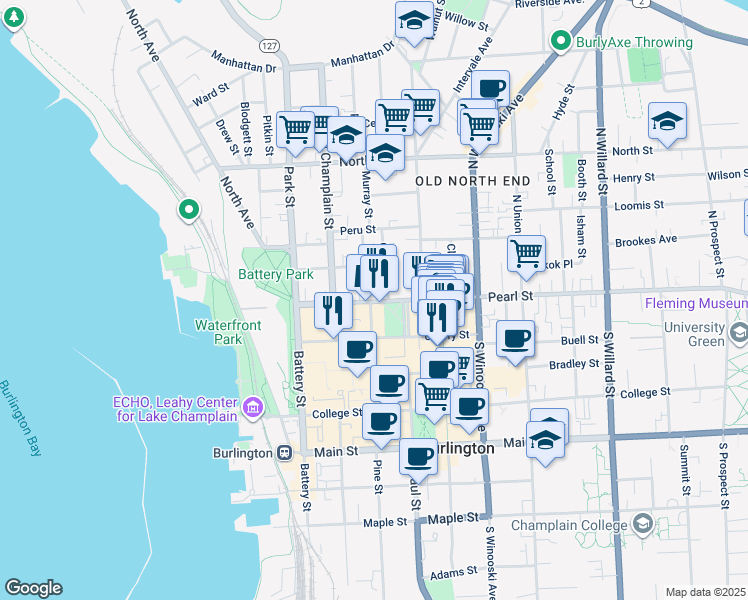 map of restaurants, bars, coffee shops, grocery stores, and more near 16 George Street in Burlington