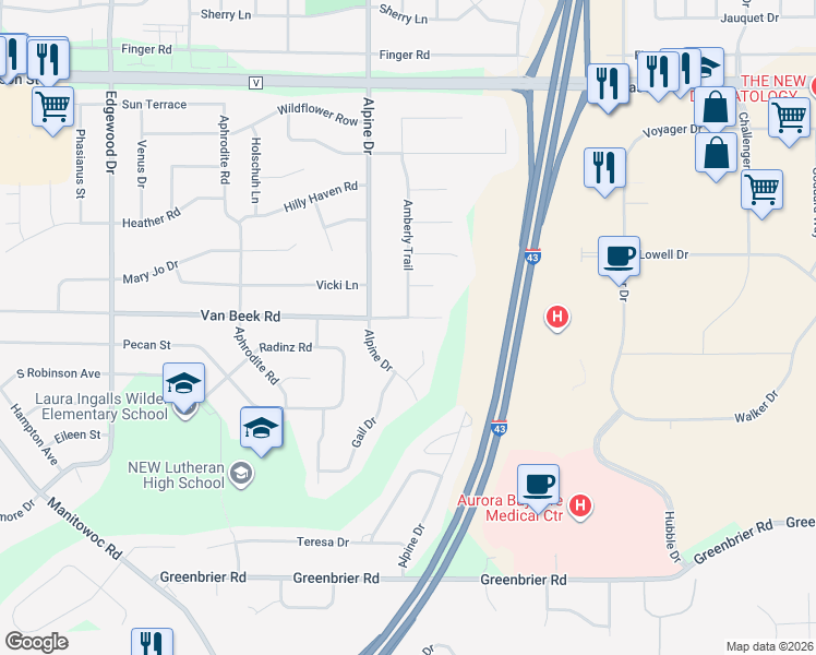 map of restaurants, bars, coffee shops, grocery stores, and more near 1054 Amberly Trail in Green Bay