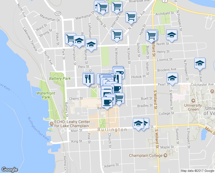 map of restaurants, bars, coffee shops, grocery stores, and more near Pearl St & Church St in Burlington