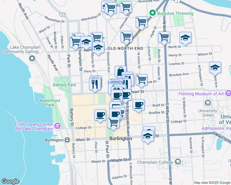 map of restaurants, bars, coffee shops, grocery stores, and more near 2 Church Street in Burlington