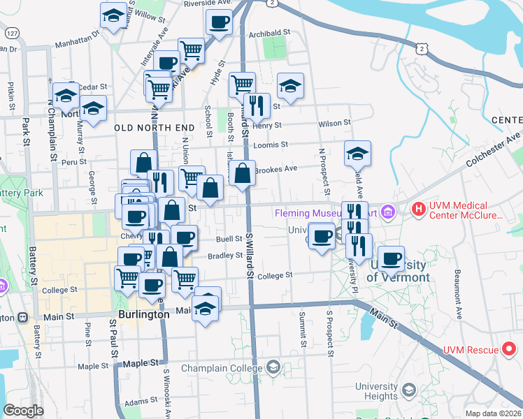 map of restaurants, bars, coffee shops, grocery stores, and more near 341 Pearl Street in Burlington