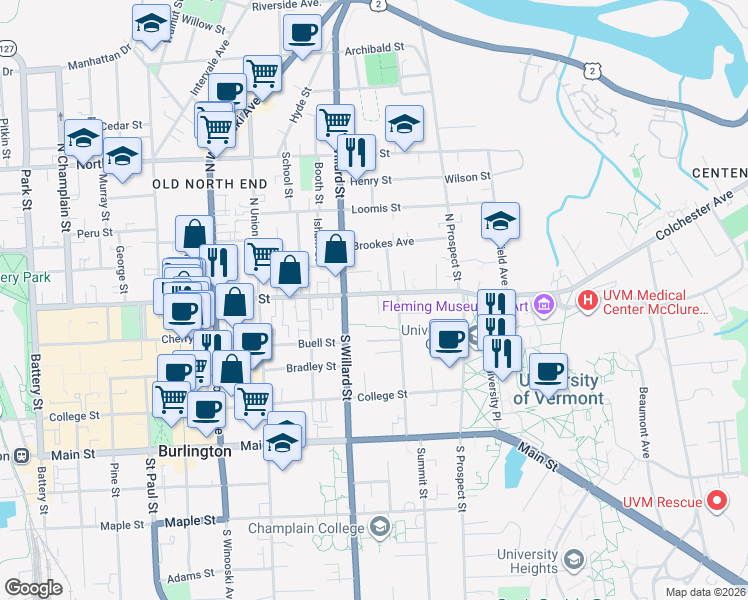 map of restaurants, bars, coffee shops, grocery stores, and more near 352 Pearl Street in Burlington