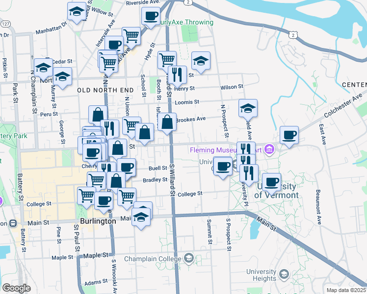 map of restaurants, bars, coffee shops, grocery stores, and more near 352 Pearl Street in Burlington