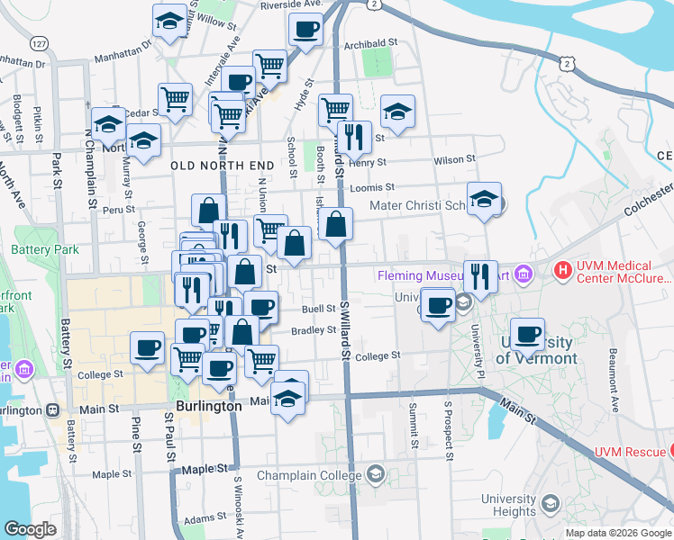 map of restaurants, bars, coffee shops, grocery stores, and more near 11 North Willard Street in Burlington
