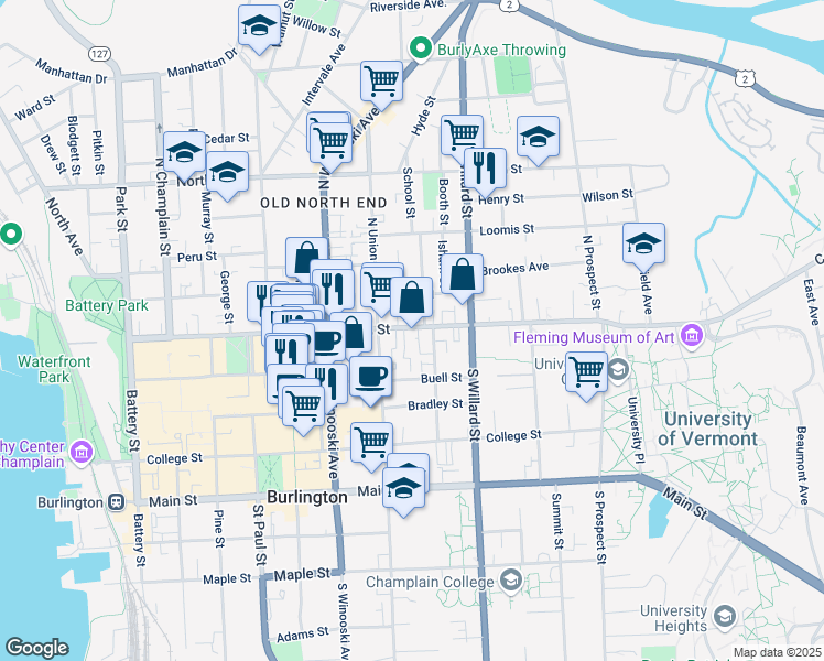 map of restaurants, bars, coffee shops, grocery stores, and more near 6 Greene Street in Burlington
