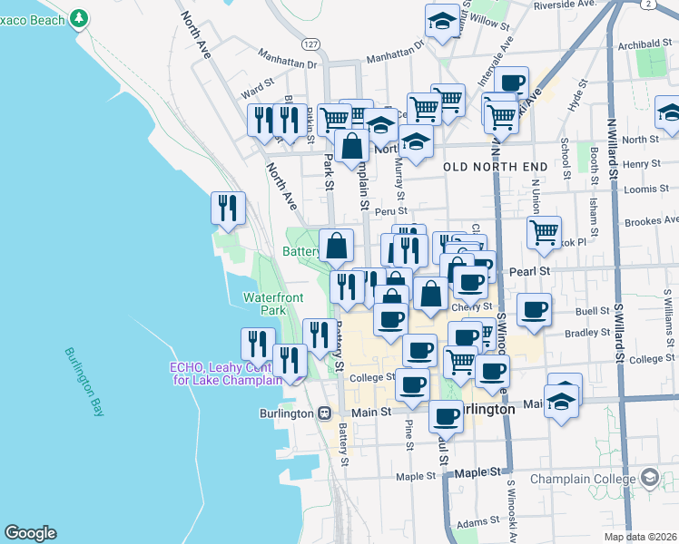 map of restaurants, bars, coffee shops, grocery stores, and more near 30 Park Street in Burlington