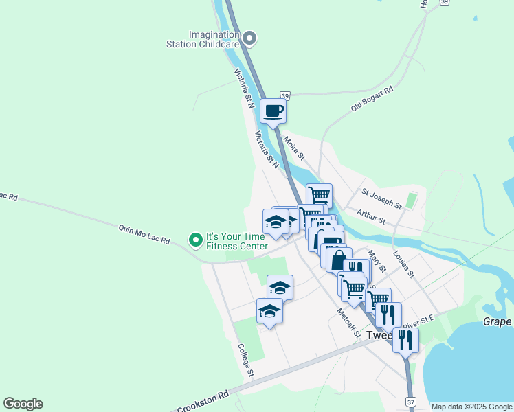 map of restaurants, bars, coffee shops, grocery stores, and more near 498 Metcalf Street in Tweed