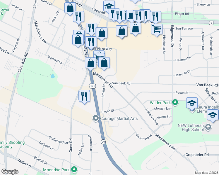 map of restaurants, bars, coffee shops, grocery stores, and more near 2319 Manitowoc Road in Green Bay