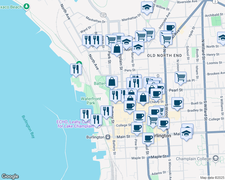 map of restaurants, bars, coffee shops, grocery stores, and more near 30 Park Street in Burlington