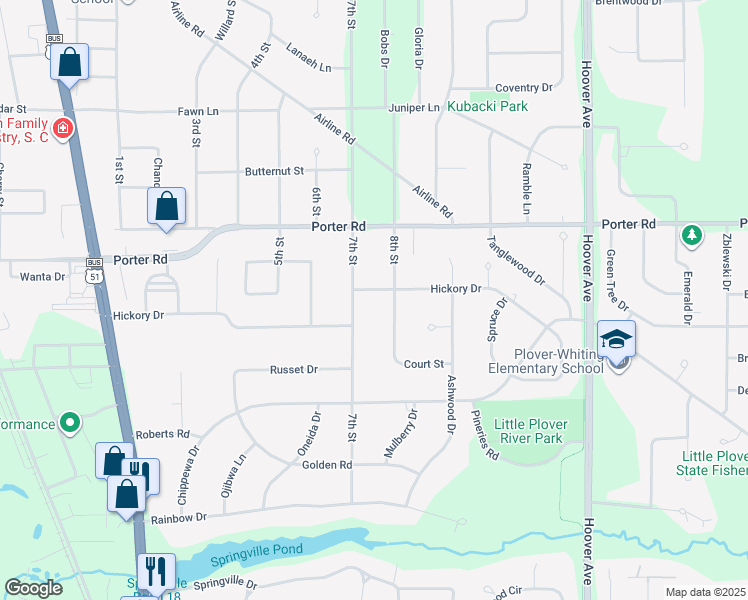 map of restaurants, bars, coffee shops, grocery stores, and more near 1050 7th Street in Plover