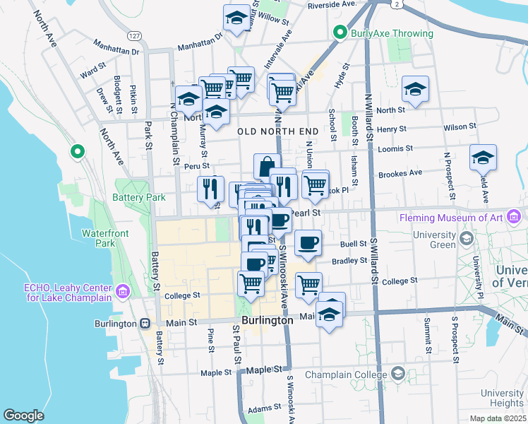 map of restaurants, bars, coffee shops, grocery stores, and more near Clarke Street in Burlington