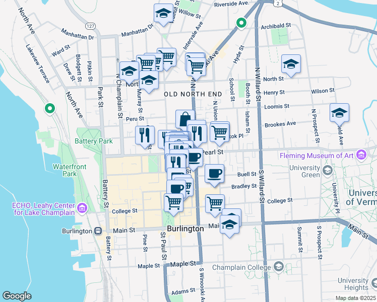 map of restaurants, bars, coffee shops, grocery stores, and more near 16 Clarke Street in Burlington