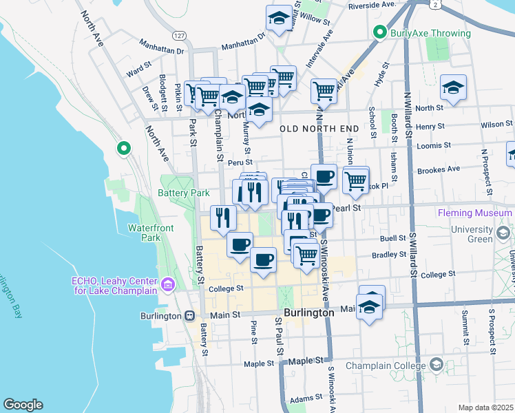 map of restaurants, bars, coffee shops, grocery stores, and more near 16 George Street in Burlington