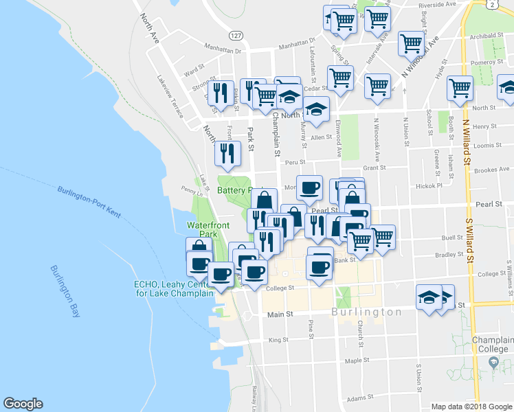 map of restaurants, bars, coffee shops, grocery stores, and more near 30 Park Street in Burlington