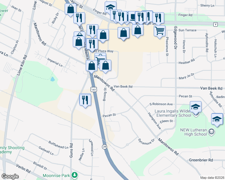 map of restaurants, bars, coffee shops, grocery stores, and more near 2319 Manitowoc Road in Green Bay
