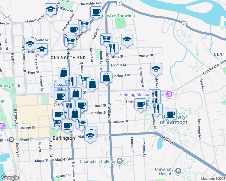 map of restaurants, bars, coffee shops, grocery stores, and more near 352 Pearl Street in Burlington