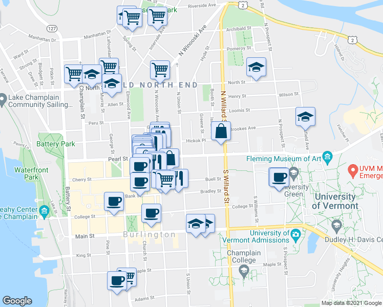 map of restaurants, bars, coffee shops, grocery stores, and more near 18 North Union Street in Burlington