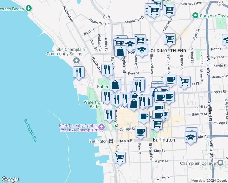 map of restaurants, bars, coffee shops, grocery stores, and more near 30 Park Street in Burlington