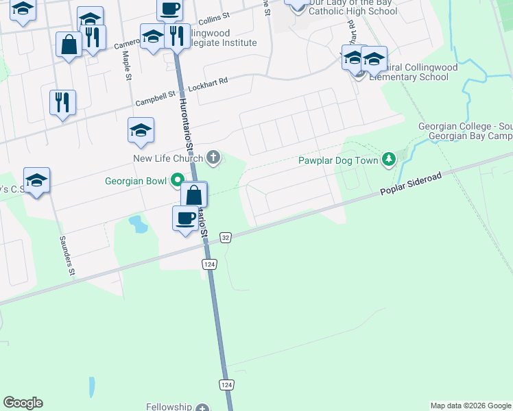 map of restaurants, bars, coffee shops, grocery stores, and more near 26 Hughes Street in Collingwood