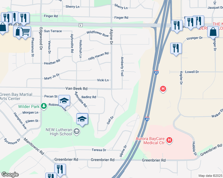 map of restaurants, bars, coffee shops, grocery stores, and more near 1098 Alpine Drive in Green Bay
