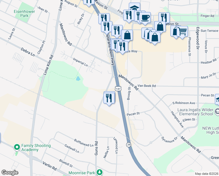 map of restaurants, bars, coffee shops, grocery stores, and more near 2266 Main Street in Green Bay