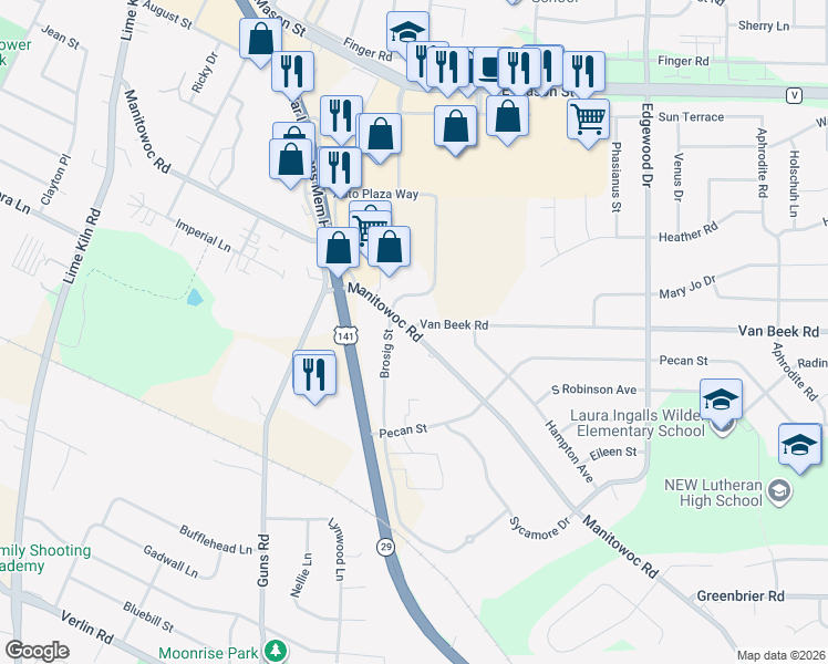 map of restaurants, bars, coffee shops, grocery stores, and more near 2319 Manitowoc Rd in Green Bay