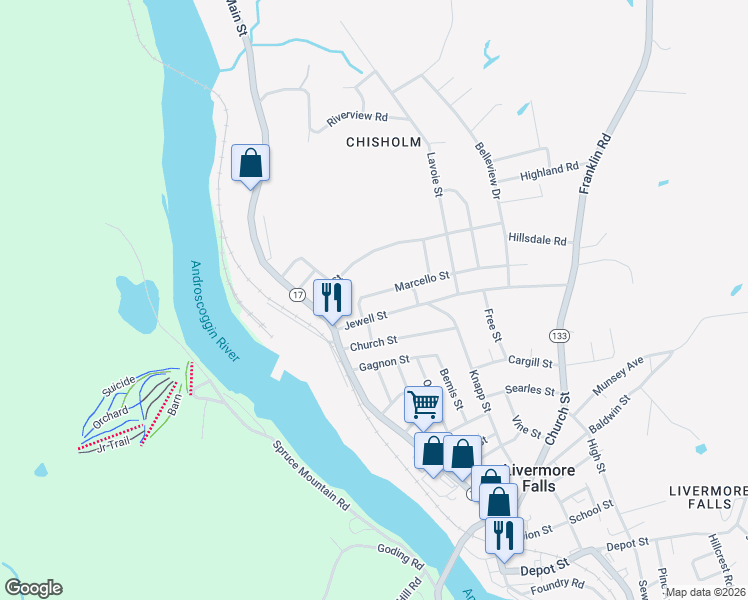 map of restaurants, bars, coffee shops, grocery stores, and more near 7 Marcello Street in Jay