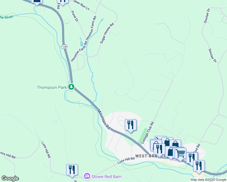 map of restaurants, bars, coffee shops, grocery stores, and more near 361 Grey Birch Road in Stowe