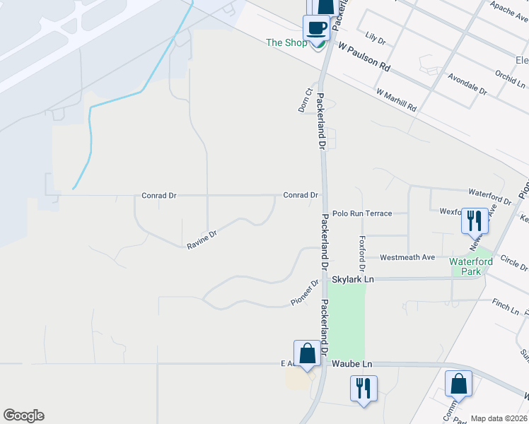 map of restaurants, bars, coffee shops, grocery stores, and more near 1635 Conrad Drive in Green Bay