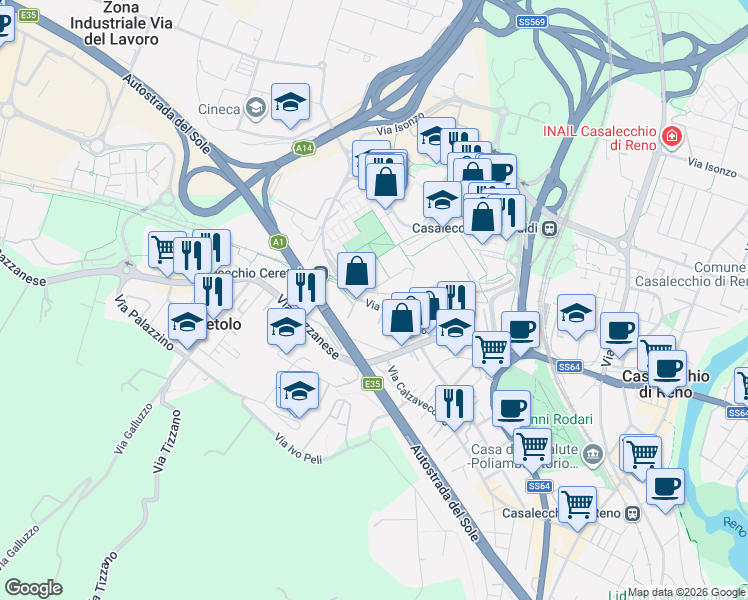 map of restaurants, bars, coffee shops, grocery stores, and more near 31 Via Cardinale Giacomo Lercaro in Casalecchio di Reno