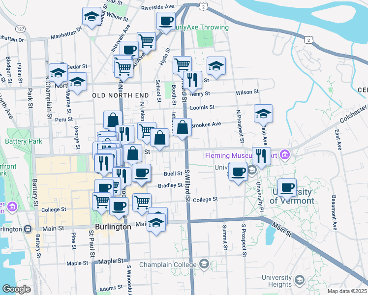 map of restaurants, bars, coffee shops, grocery stores, and more near 11 North Willard Street in Burlington