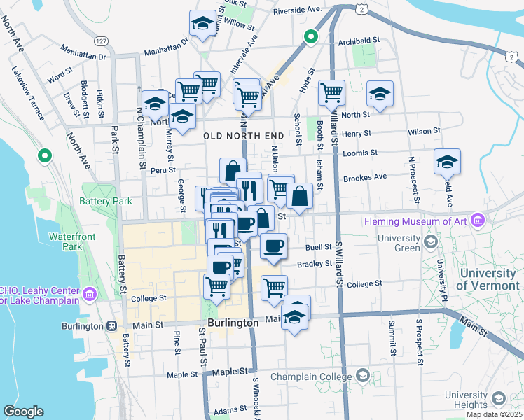 map of restaurants, bars, coffee shops, grocery stores, and more near 21 Lafayette Place in Burlington
