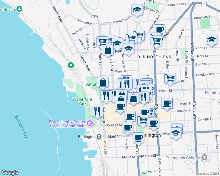map of restaurants, bars, coffee shops, grocery stores, and more near 23 1/2 Monroe Street in Burlington