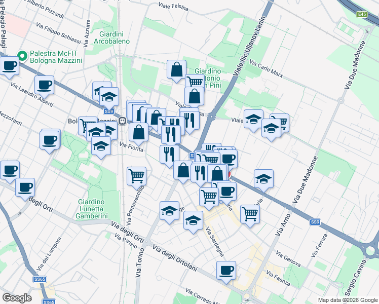 map of restaurants, bars, coffee shops, grocery stores, and more near 89-91 Via Emilia Levante in Bologna