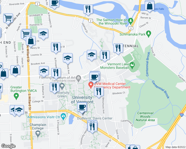 map of restaurants, bars, coffee shops, grocery stores, and more near 195 Colchester Avenue in Burlington