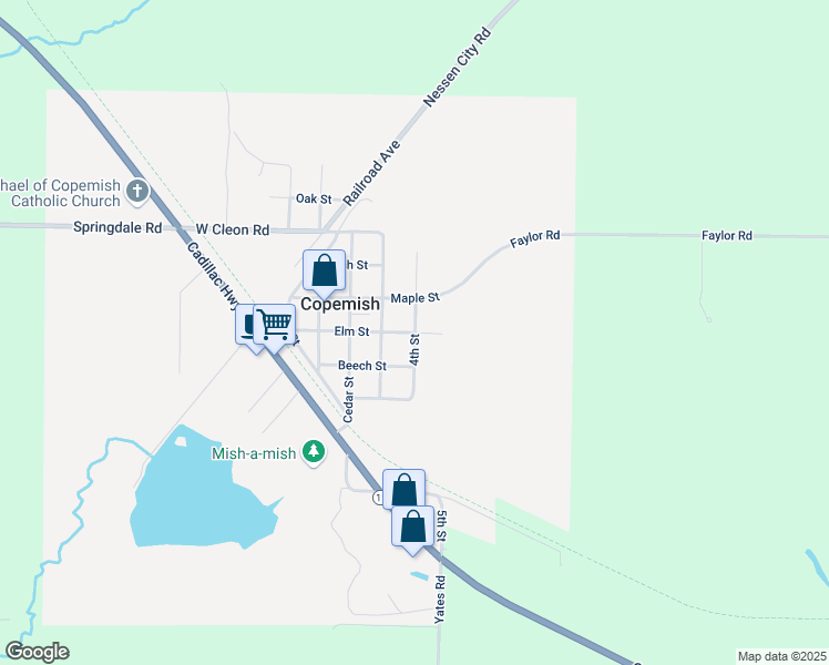 map of restaurants, bars, coffee shops, grocery stores, and more near 18920 Elm Street in Copemish