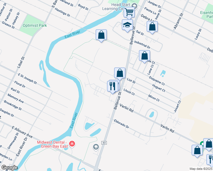 map of restaurants, bars, coffee shops, grocery stores, and more near 1689 Princeton Place in Green Bay