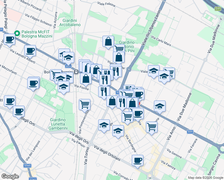 map of restaurants, bars, coffee shops, grocery stores, and more near 91 Via Emilia Levante in Bologna