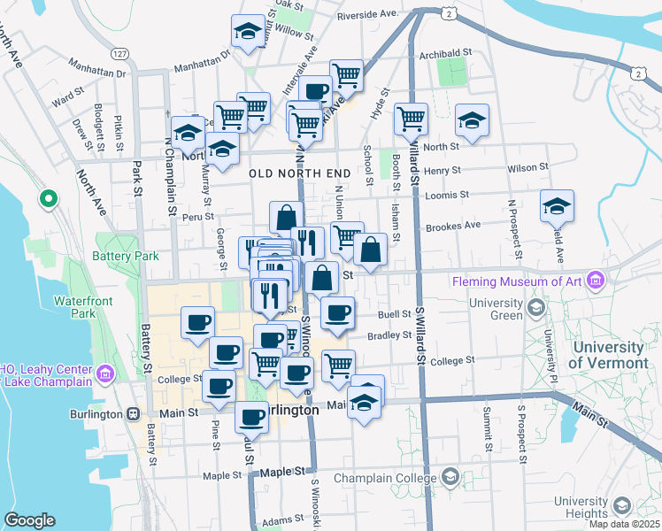 map of restaurants, bars, coffee shops, grocery stores, and more near 21 Lafayette Place in Burlington