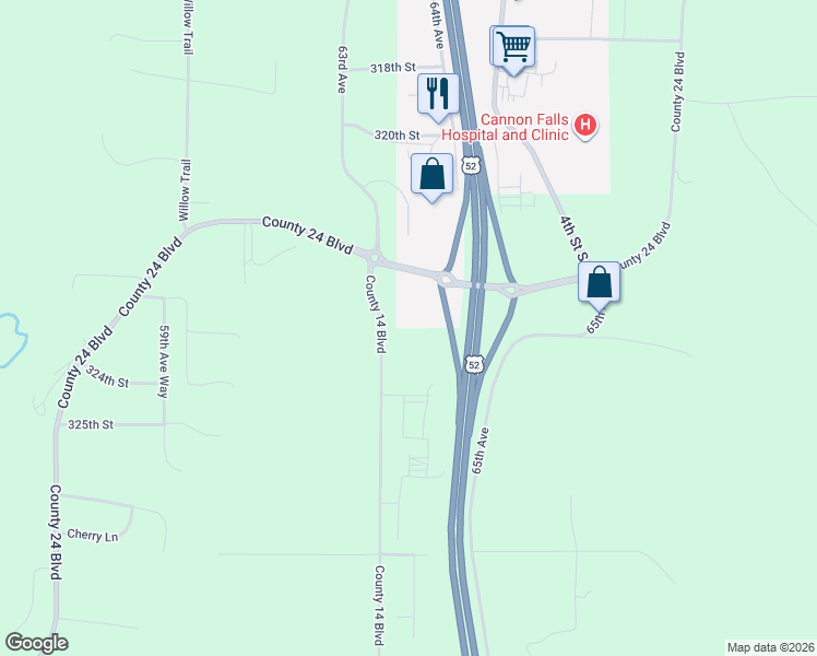map of restaurants, bars, coffee shops, grocery stores, and more near 32277 64th Avenue Way in Cannon Falls