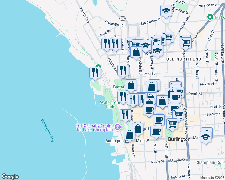 map of restaurants, bars, coffee shops, grocery stores, and more near 216 Lake Street in Burlington