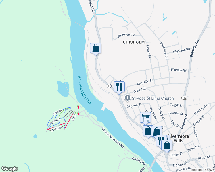 map of restaurants, bars, coffee shops, grocery stores, and more near 25 Main Street in Jay