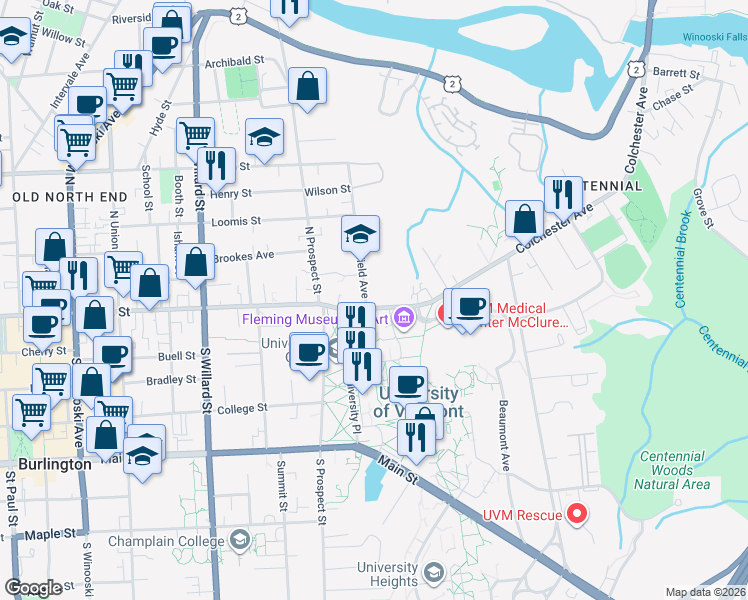 map of restaurants, bars, coffee shops, grocery stores, and more near 34 Colchester Avenue in Burlington