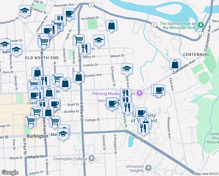 map of restaurants, bars, coffee shops, grocery stores, and more near 440 Pearl Street in Burlington