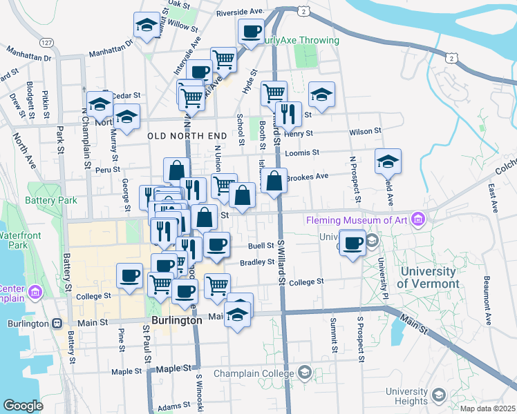 map of restaurants, bars, coffee shops, grocery stores, and more near 6 Greene Street in Burlington