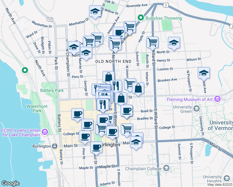map of restaurants, bars, coffee shops, grocery stores, and more near 21 Lafayette Place in Burlington