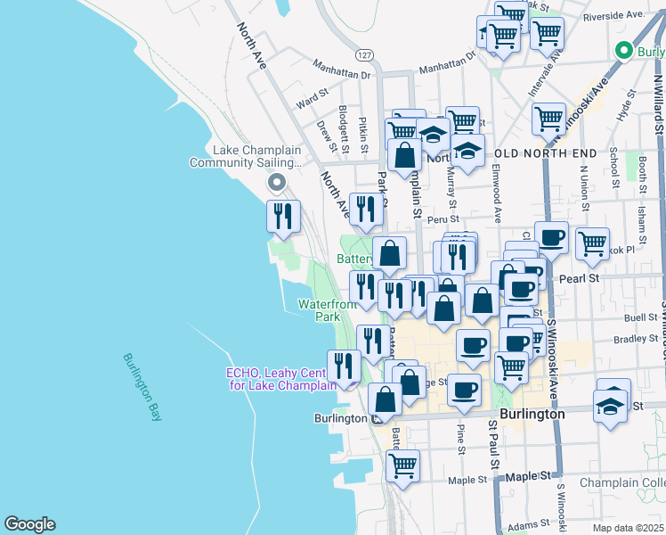 map of restaurants, bars, coffee shops, grocery stores, and more near 216 Lake Street in Burlington