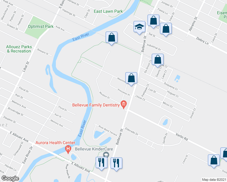 map of restaurants, bars, coffee shops, grocery stores, and more near 1689 Princeton Place in Green Bay