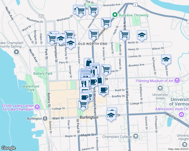 map of restaurants, bars, coffee shops, grocery stores, and more near 14 North Winooski Avenue in Burlington