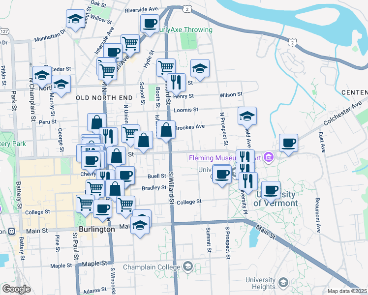 map of restaurants, bars, coffee shops, grocery stores, and more near 352 Pearl Street in Burlington